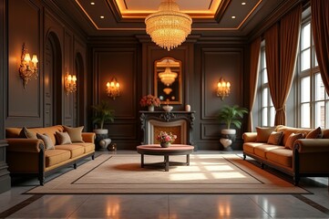 Richly decorated living space features elegant furnishings and a stunning chandelier, radiating warmth through large windows during daylight hours