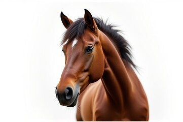 A stunning brown horse stands gracefully, its mane slightly tousled. The gentle creature looks forward, exuding an aura of calmness and strength, surrounded by a tranquil environment