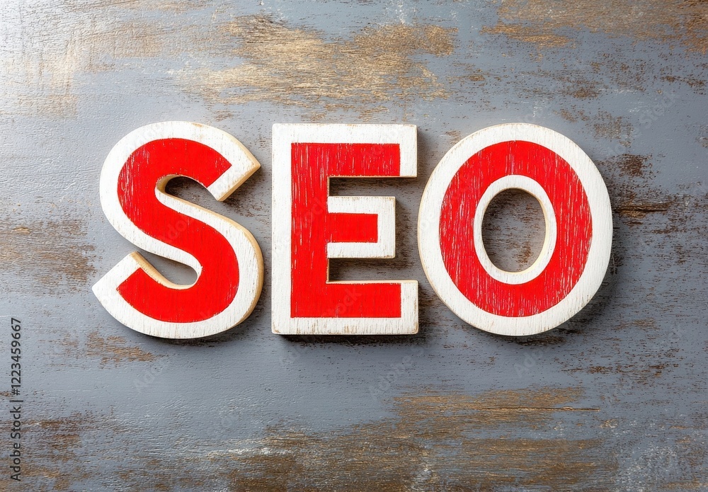 Aufkleber seo optimization strategy. seo letters on a textured surface with a rustic background.