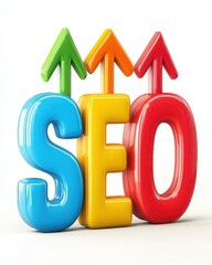 SEO optimization strategy. Colorful 3D letters spelling SEO with upward arrows indicating growth.