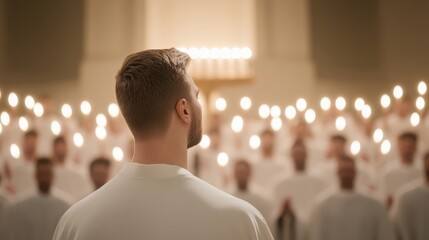 Elegant Gospel choir in matching robes singing with joy clapping and swaying framed by a grand church altar with glowing candles 