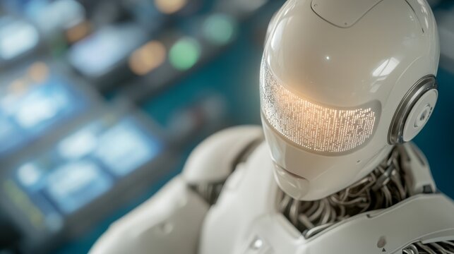 Elegant Futuristic glowing quantum computer surrounded by swirling neon circuits with an AI robot analyzing data streams in a dark blue and silver lab 