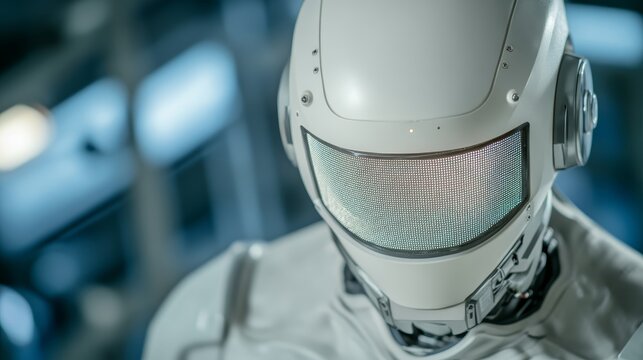 Elegant Futuristic glowing quantum computer surrounded by swirling neon circuits with an AI robot analyzing data streams in a dark blue and silver lab 
