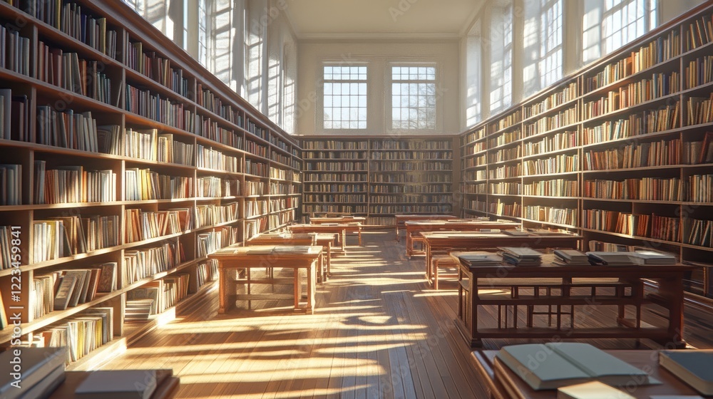 Poster Sunlit Library Hall Filled With Bookshelves And Tables