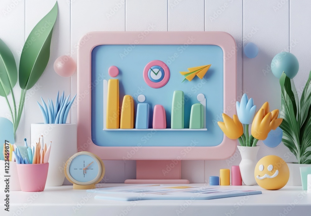 Aufkleber seo optimization strategy. colorful workspace with a computer and decorative elements.