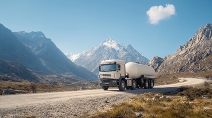 Elegant Heavy duty truck pulling a fuel tanker on a winding mountain road with sharp curves surrounded by steep rock faces and clear skies 