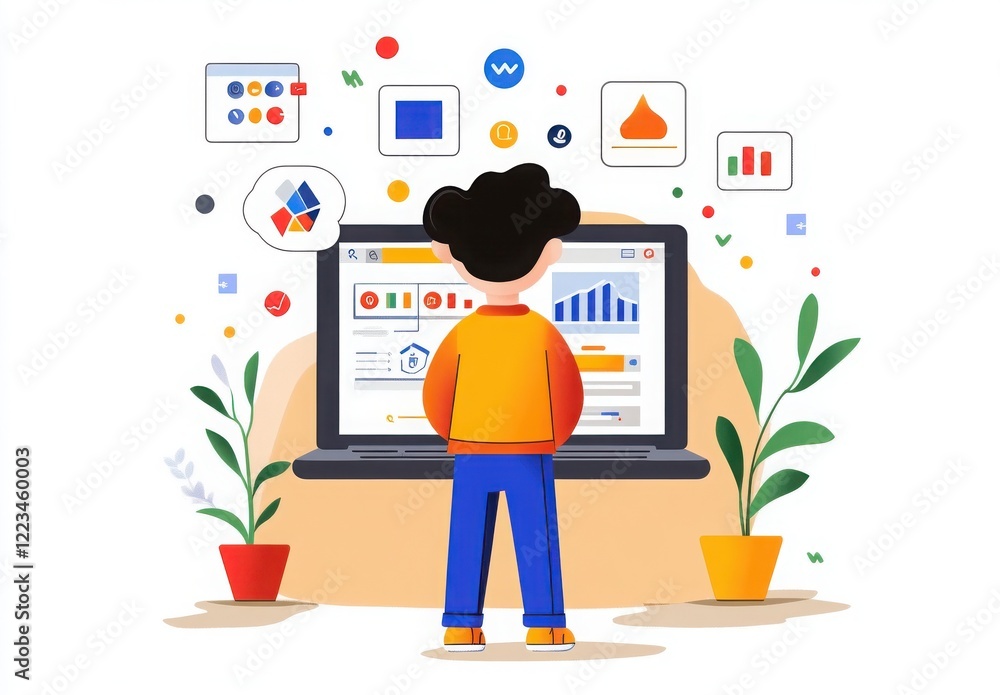 Poster seo optimization strategy. a child analyzes data on a laptop surrounded by colorful graphics.