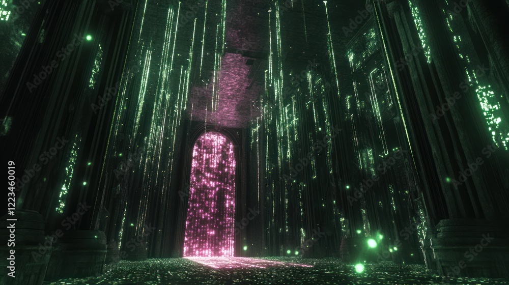 Poster ancient hallway digital gateway luminous particles