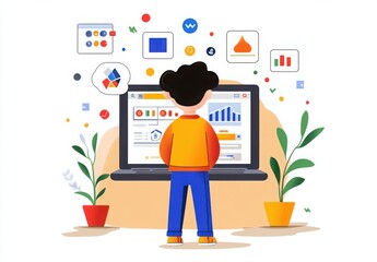 Fototapeta premium SEO optimization strategy. A child analyzes data on a laptop surrounded by colorful graphics.