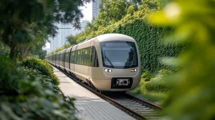Naklejka premium Elegant High tech autonomous train moving along an elevated track in a smart city with solar panels and vertical gardens in the background 