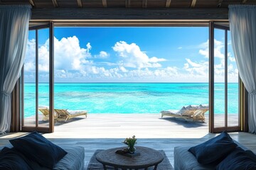 Fototapeta premium Luxurious beachfront villa with breathtaking ocean view during daytime