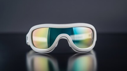 Elegant Isolated colorful jockey goggles with rainbow tinted lenses placed on a glossy black background with reflections for a modern design aesthetic 