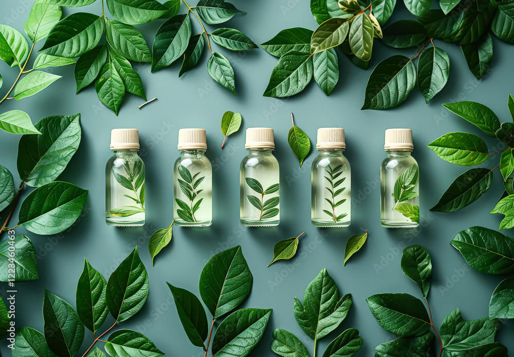 Aufkleber row of five clear bottles with green leaves floating in them. the bottles are arranged in a way that