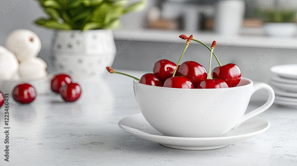 Poster glossy red cherries overflow from a white cup, beautifully displayed against a clean backdrop that h