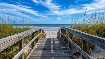 Obraz premium Serene Beach Walkway: Coastal Serenity in a Sunlit Seascape