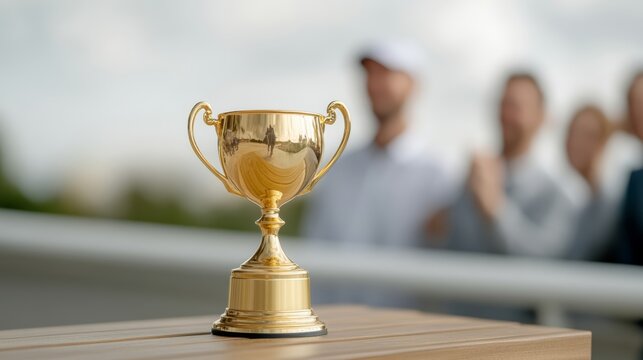 Elegant Jockey patting a horses mane after a victorious race with a golden trophy and crowd cheering in the blurred background 