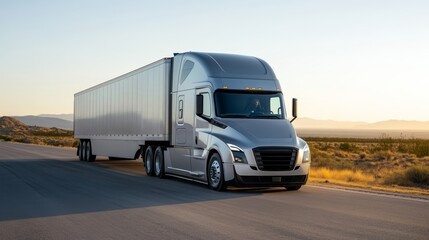 Elegant Long haul truck with a sleek silver cab pulling a double trailer on a straight desert road endless horizon under a vivid orange sunset 