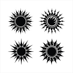 Black and white sun icons, tribal sun designs, stylized solar symbols, spiky sun silhouettes, celestial motifs, vector graphics