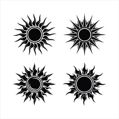 Black and white sun icons, tribal sun designs, stylized solar symbols, spiky sun silhouettes, celestial motifs, vector graphics