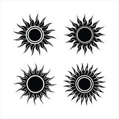 Black and white sun icons, abstract solar symbols, geometric sun designs vector

