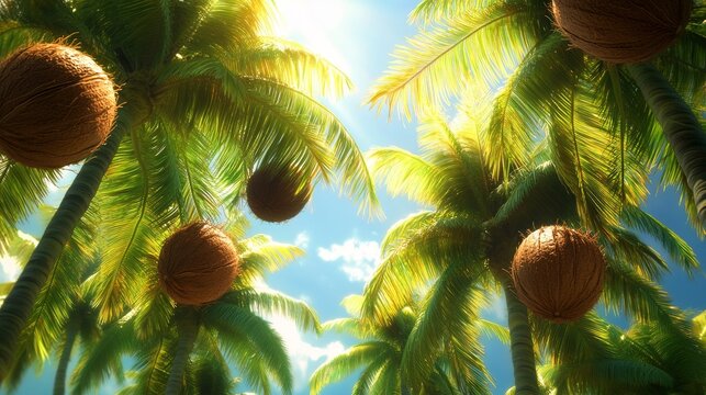 Coconut palm tree game cartoon illustration set. Tropical summer plant with green leaf and coco on branch. Jungle tropic nature for hawaii or california environment. Foliage hawaiian forest clipart