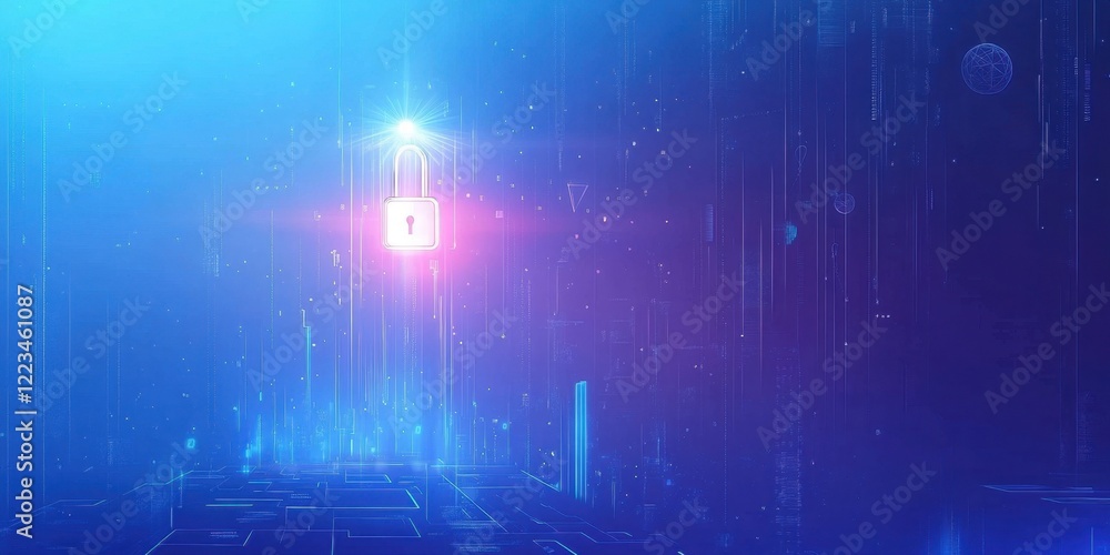 Poster blue background with a security lock symbol and a digital data network, with a white light flare in 