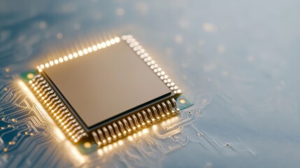 Elegant Minimalist design of a quantum chip with AI neural pathways flowing through it isolated on a glossy silver and blue surface 