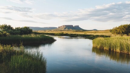 Serene River Flows Towards Majestic Mesa Landscape
