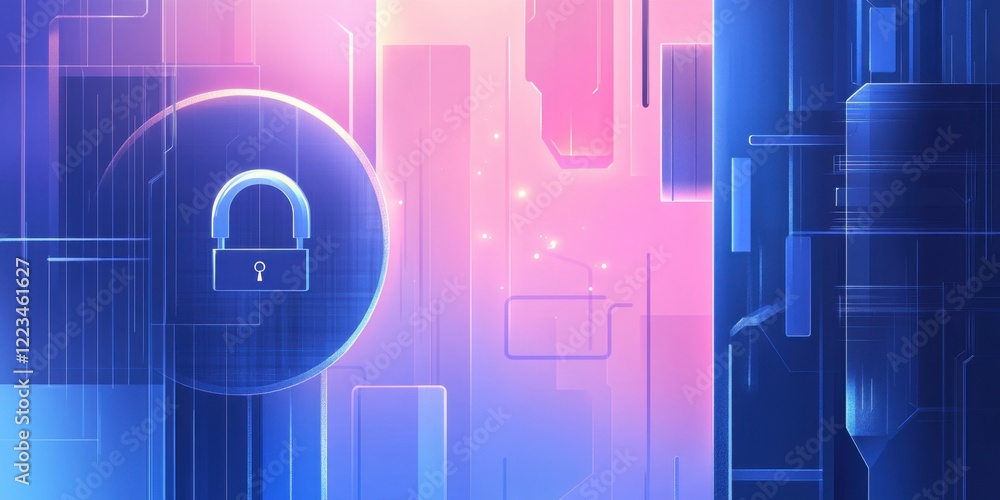 Poster a digital illustration of a security-themed background with a blue gradient, featuring an abstract l