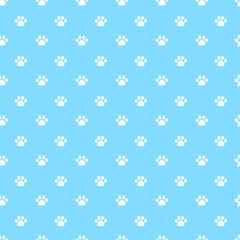 Vector hand drawn seamless pattern. Arranged paw prints of pets in polka dots white colors on blue background