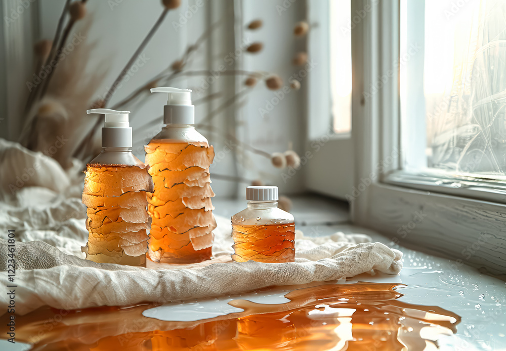 Aufkleber three bottles of lotion are displayed on a table with a white cloth. the bottles are arranged in a w