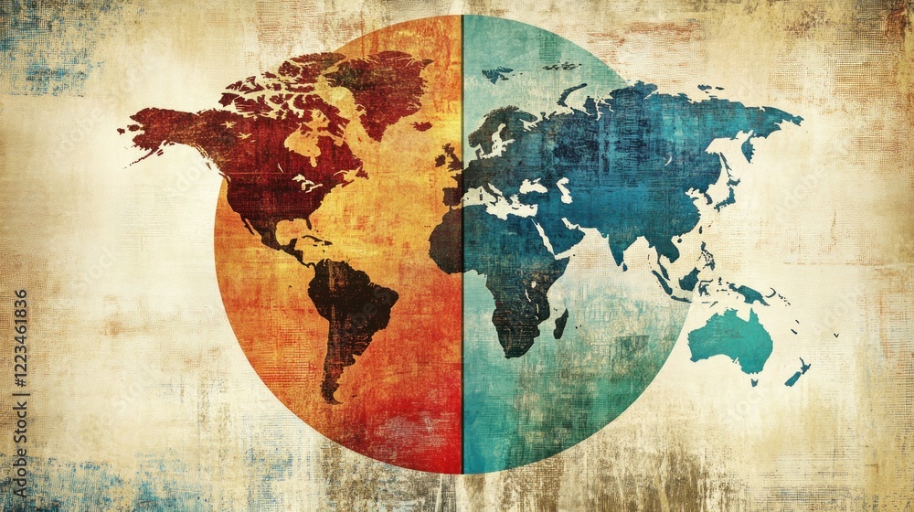 Poster a bicolor world map divided symmetrically