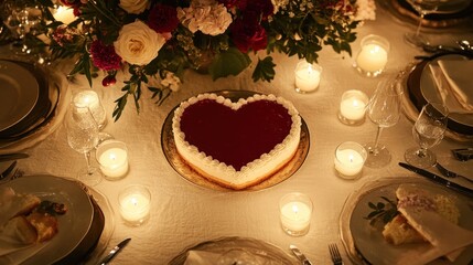 Heart Shaped Cake Centerpiece Romantic Dinner Setting