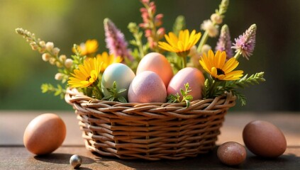 Rustic wicker basket filled with pastel-colored Easter eggs nestled among vibrant wildflowers including yellow daisies and pink blooms, set against a dreamy natural backdrop.