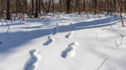 Footprints in the Snow Lead Through Winter Woods