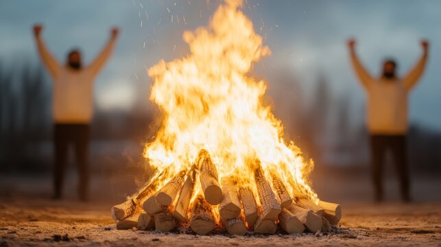 Elegant Persian New Year festivities with a bonfire for Chaharshanbe Suri people jumping over flames with sparks lighting up the night sky 