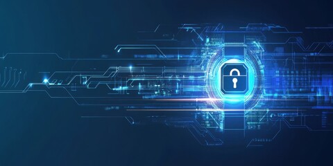 Obraz premium Blue background with a security symbol and digital data, a padlock on a blue background Big tech, cyber, banner design for an online technology or network protection concept Generative AI