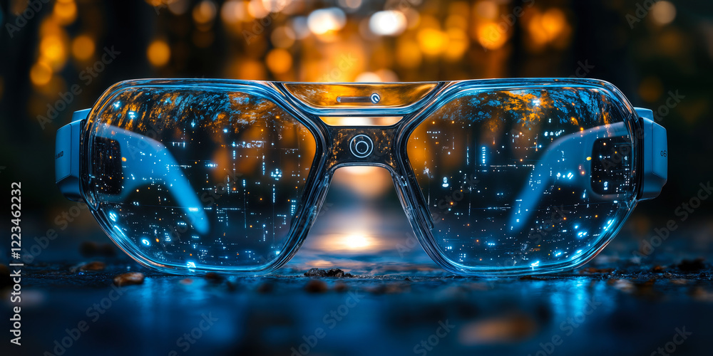 Poster ai-enabled smart glasses with augmented reality display in futuristic urban setting