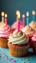 A dozen colorful birthday cupcakes with candles , red velvet, kitchen