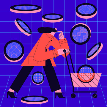Woman investor with a digital shoping cart is purchasing cryptocurrencies in a stock exchange market digital world