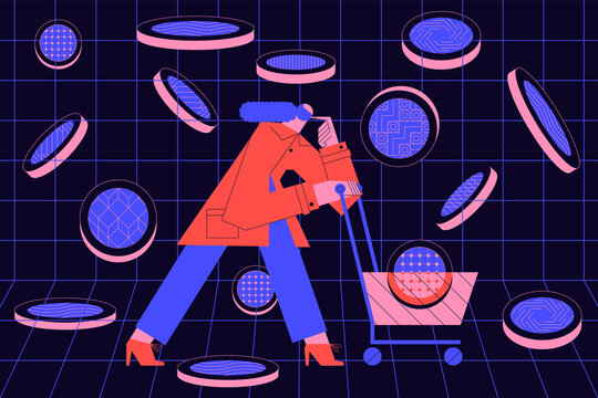 Woman investor with a digital shoping cart is buying cryptocurrencies in a stock exchange market digital world