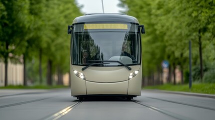 Elegant Self driving electric trolleybus traveling through a tree lined avenue with passengers enjoying the view from its sleek and transparent design 