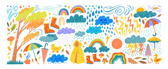 Multi colored crayon drawn childish icons. Clouds, rainy weather stickers, umbrellas, rainbow, forest elements.