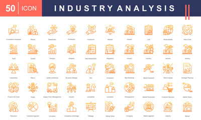 Icon set for Industry Analysis, featuring market trends, SWOT analysis, competitive landscape, investment, customer behavior, market research, and strategic planning. Ideal for business insights proje