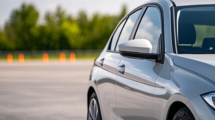 Elegant Student driver practicing in a compact car cautiously navigating an empty parking lot with orange cones in the background on a sunny day 