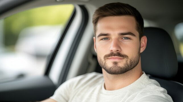 Elegant Student practicing parallel parking in a compact car concentrating intently with street signs and parked cars in the background 