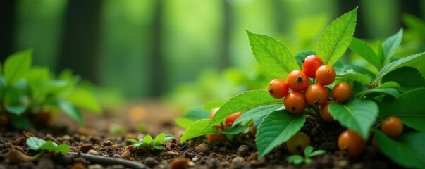 Sea buckthorn leaves and stems on the forest floor, botanical, shrub