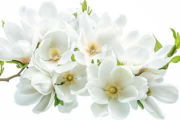 Elegant white magnolia flowers in full bloom on a branch.