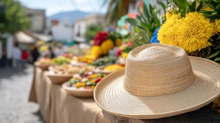 Elegant Vibrant outdoor Cinco de Mayo festival scene with a bustling market tables of Mexican street food and bright decorations filling the atmosphere 