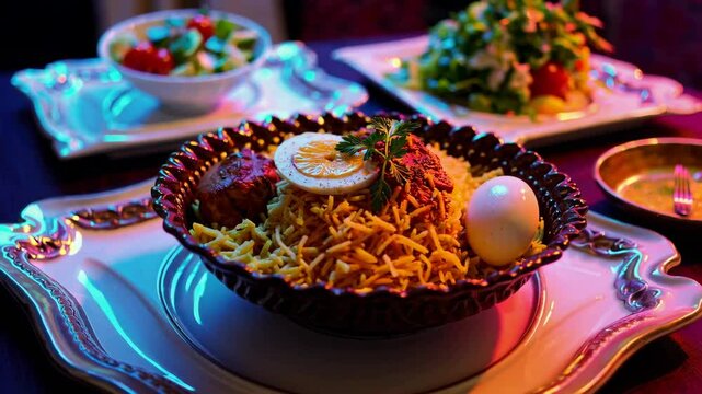 chicken biryani garnished with eggs, onions, and spices, beautifully plated in a traditional bowl